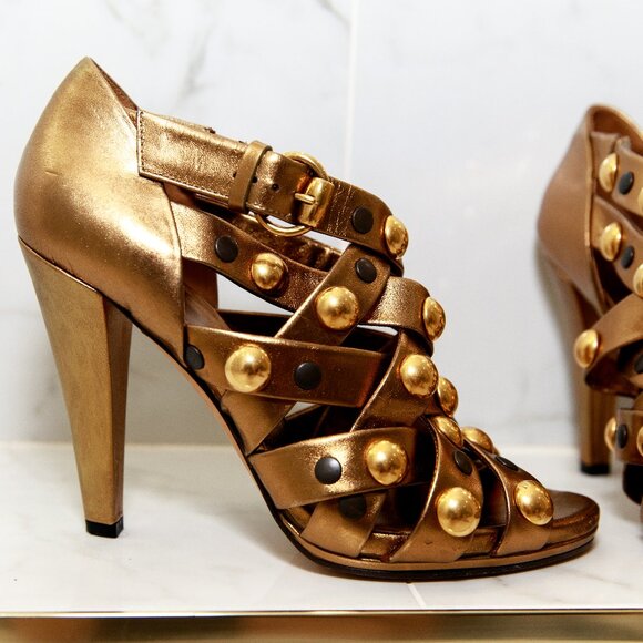 Gucci Babouska Gold Bronze Studded Open Toe Strappy Heels 38.5 / 8.5 - Picture 4 of 17